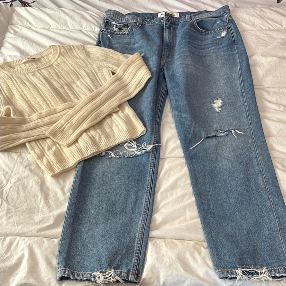 Reformation Blue Straight Leg  and  cream sweater bundle